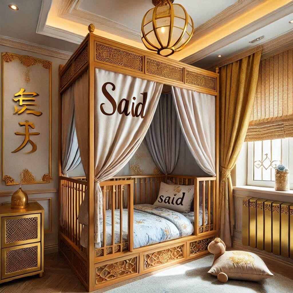 Une chambre d enfant sur le theme oriental avec un lit cabane decore de voilages aux motifs dores le prenom said ecrit en francais sur un coussin