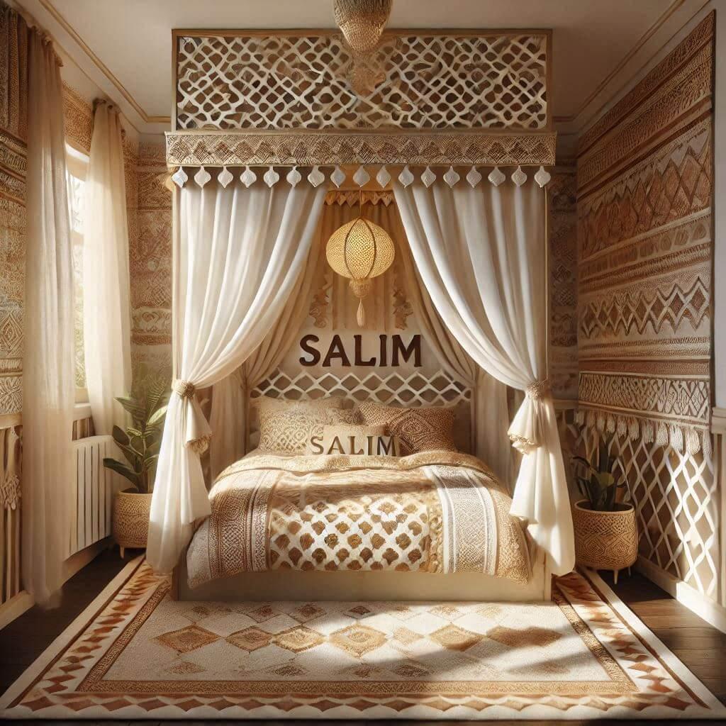 Une chambre d enfant sur le theme oriental avec un lit cabane decore de voilages aux motifs dores le prenom salim