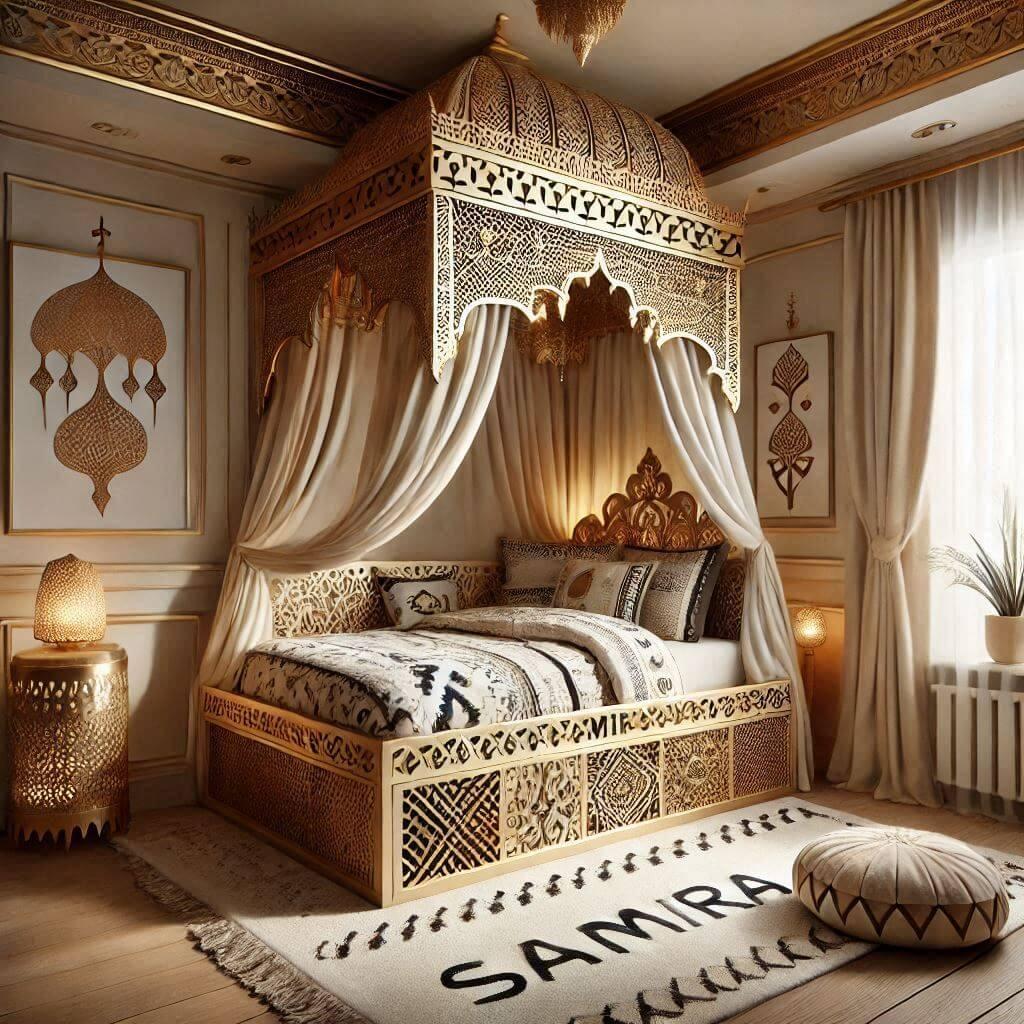 Une chambre d enfant sur le theme oriental avec un lit cabane decore de voilages aux motifs dores le prenom samira est ecrit dans la decoration les draps et rideaux affichent des m