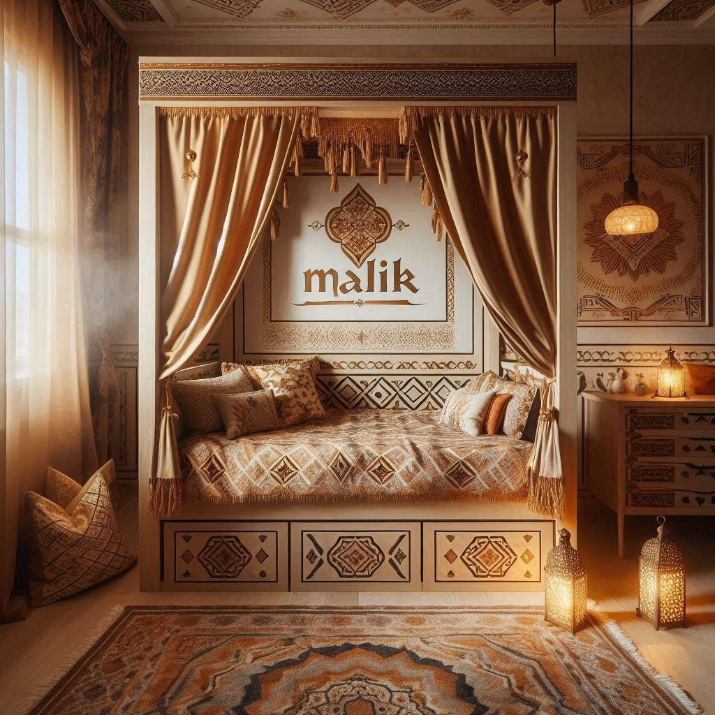 Une chambre d enfant sur le theme oriental avec un lit cabane decore de voilages aux motifs dores les draps et rideaux affichent des motifs geometriques traditionnels dans des tons