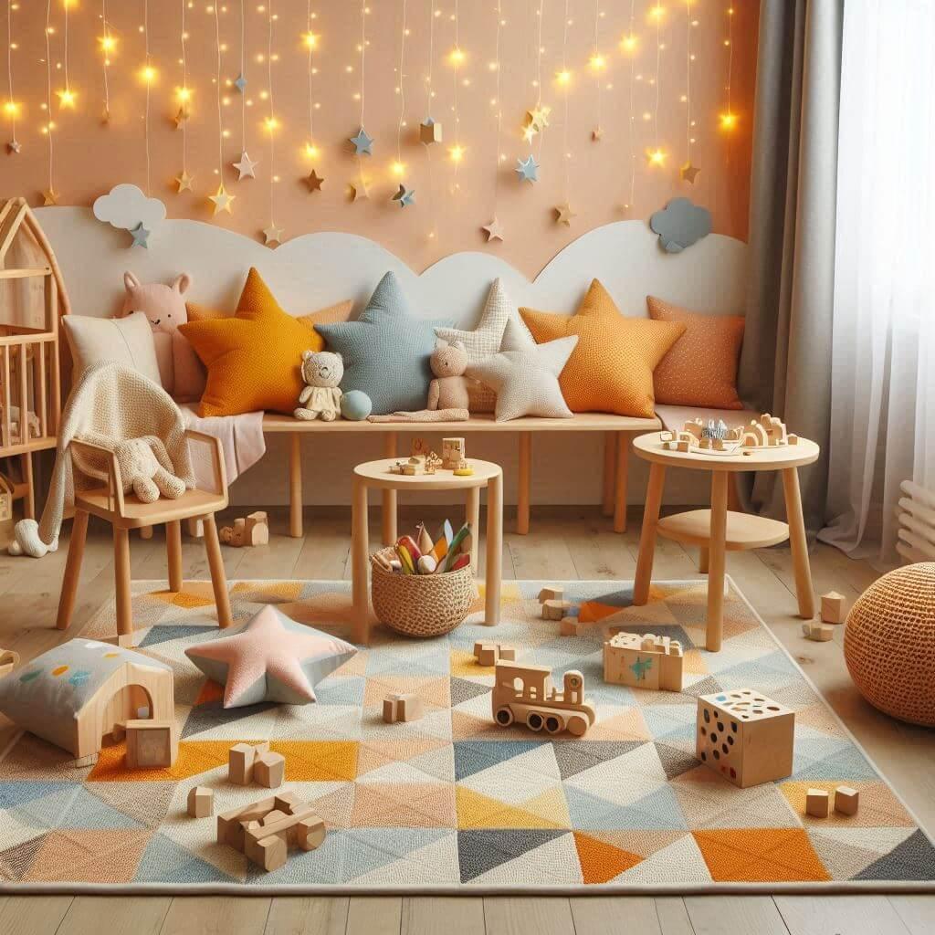 Une chambre d enfant theme avec idees deco tapis ludique pour un espace de jeu securise guirlandes lumineuses pour une touche douce et apaisante coussins en forme detoiles ou de nu