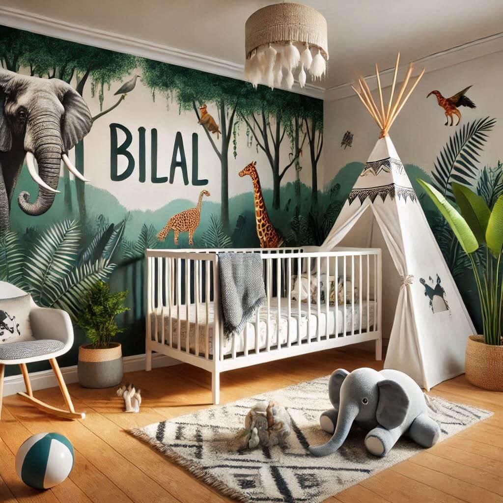 Une chambre de bebe avec le prenom bilal avec un lit a barreaux sur le theme de la jungle un ciel de lit du lierre une tapisserie murale animaux chaise zebre tipi blanc a cote du l