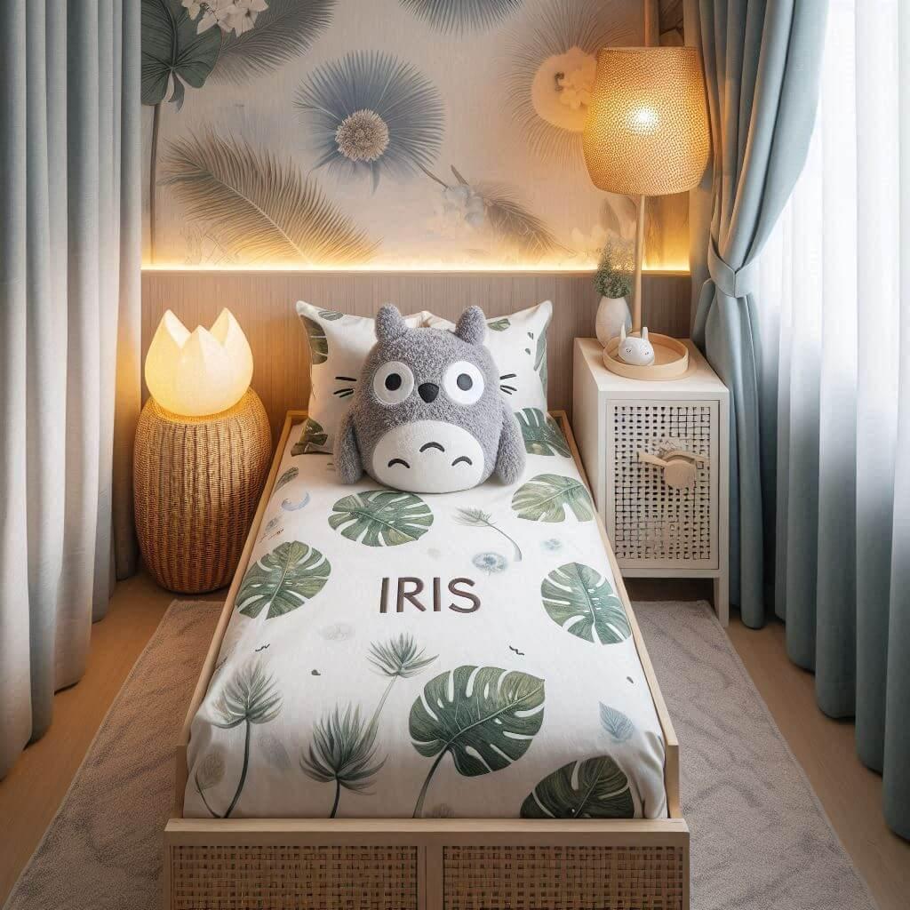 Une chambre de bebe avec le prenom iris brode sur le coussin avec un lit simple tres bas et les draps et les rideaux sont des motifs de feuilles de hibou lampe en rotin tamisee all