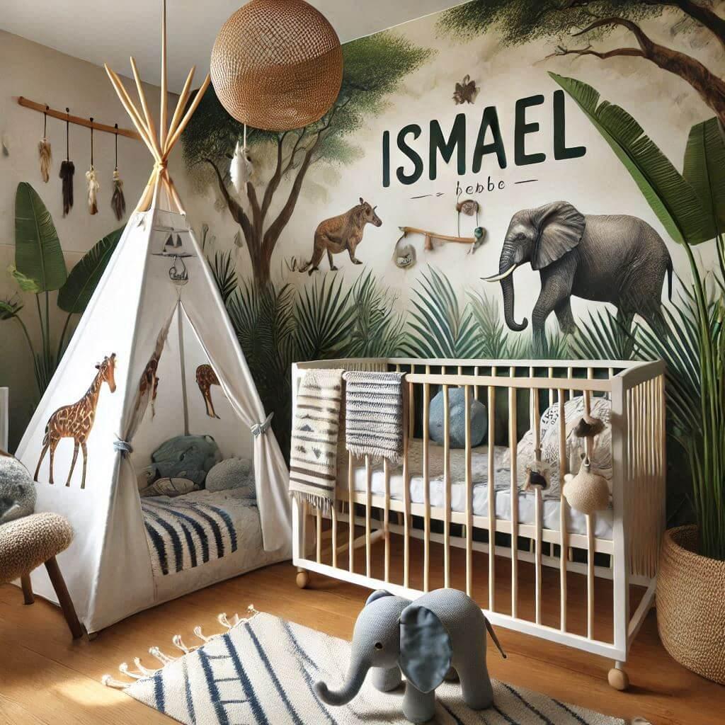 Une chambre de bebe avec le prenom ismael avec un lit a barreaux sur le theme de la jungle un ciel de lit du lierre une tapisserie murale animaux chaise zebre tipi blanc a cote du