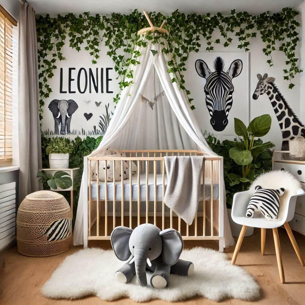 Une chambre de bebe avec le prenom leonie avec un lit a barreaux sur le theme de la jungle un ciel de lit du lierre une tapisserie murale animaux chaise zebre