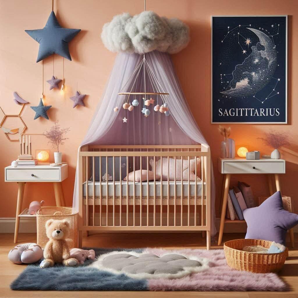 Une chambre de bebe avec un mur orange pastel un berceau avec un ciel de lit violet pastel et un mobile avec des nuages et des etoiles des meubles en bois clair et des accessoires