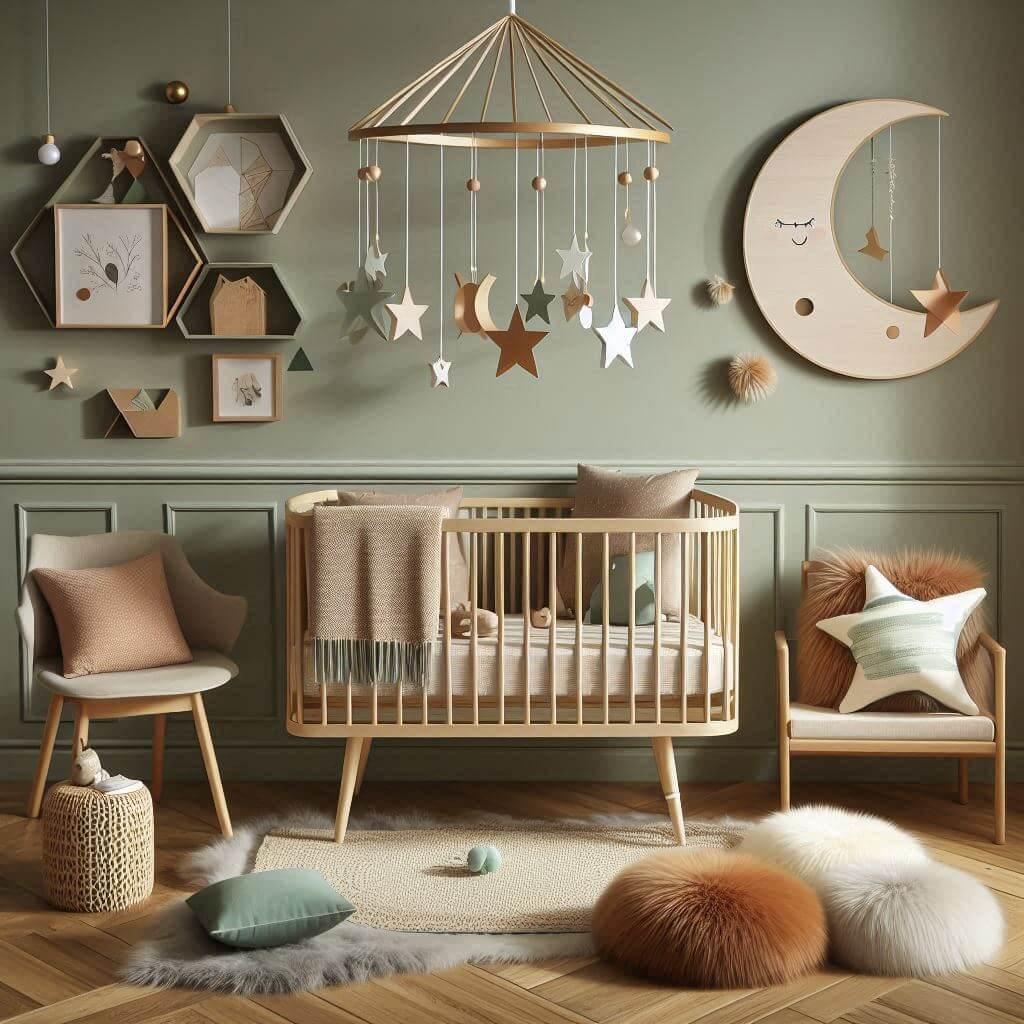 Une chambre de bebe avec un mur vert sauge des accessoires en marron pastel et des touches de beige clair un berceau avec un ciel de lit vert pastel et un mobile suspendu avec des