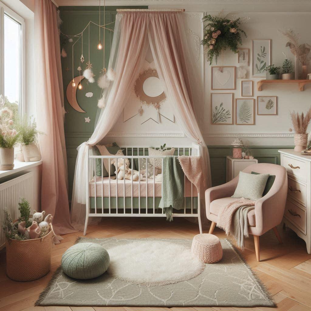 Une chambre de bebe fille avec des tons verts et blancs et rose antique style boho chic