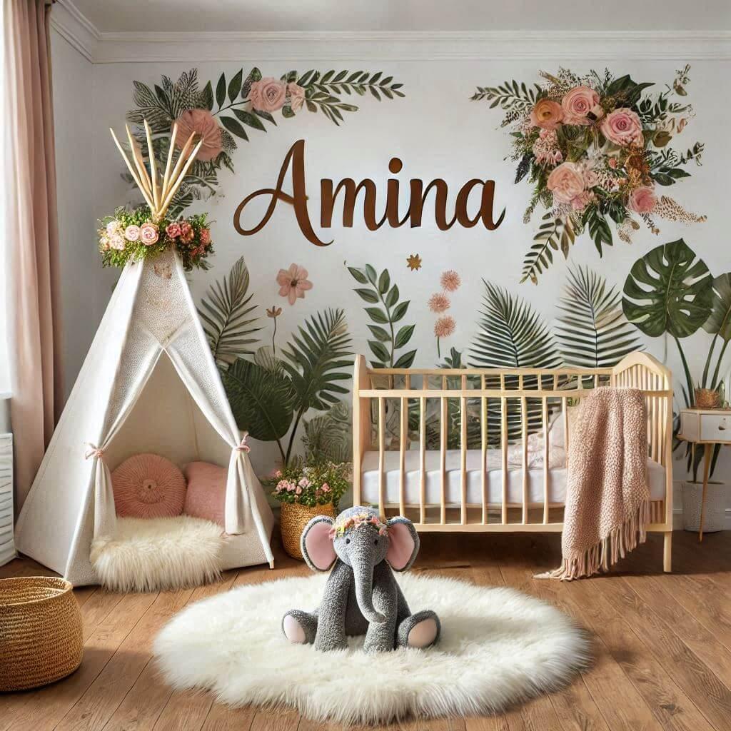 belle chambre bebe fille theme jungle, prenom amina