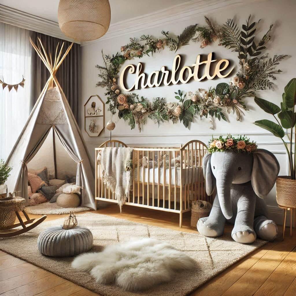 Une chambre de bebe fille avec le prenom ecrit charlotte avec des fleurs sur le mur theme jungle avec lit et un tipi tapis avec fourrure peluche elephant avec une couronne de fleur