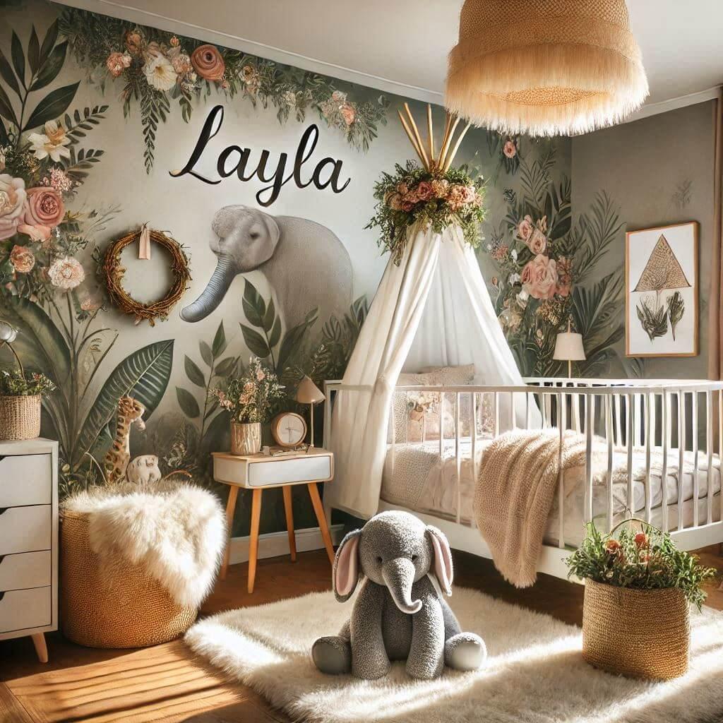 Chambre de bébé fille thème jungle avec prénom 'Layla', fleurs murales, tipi, tapis en fourrure et peluche éléphant couronné