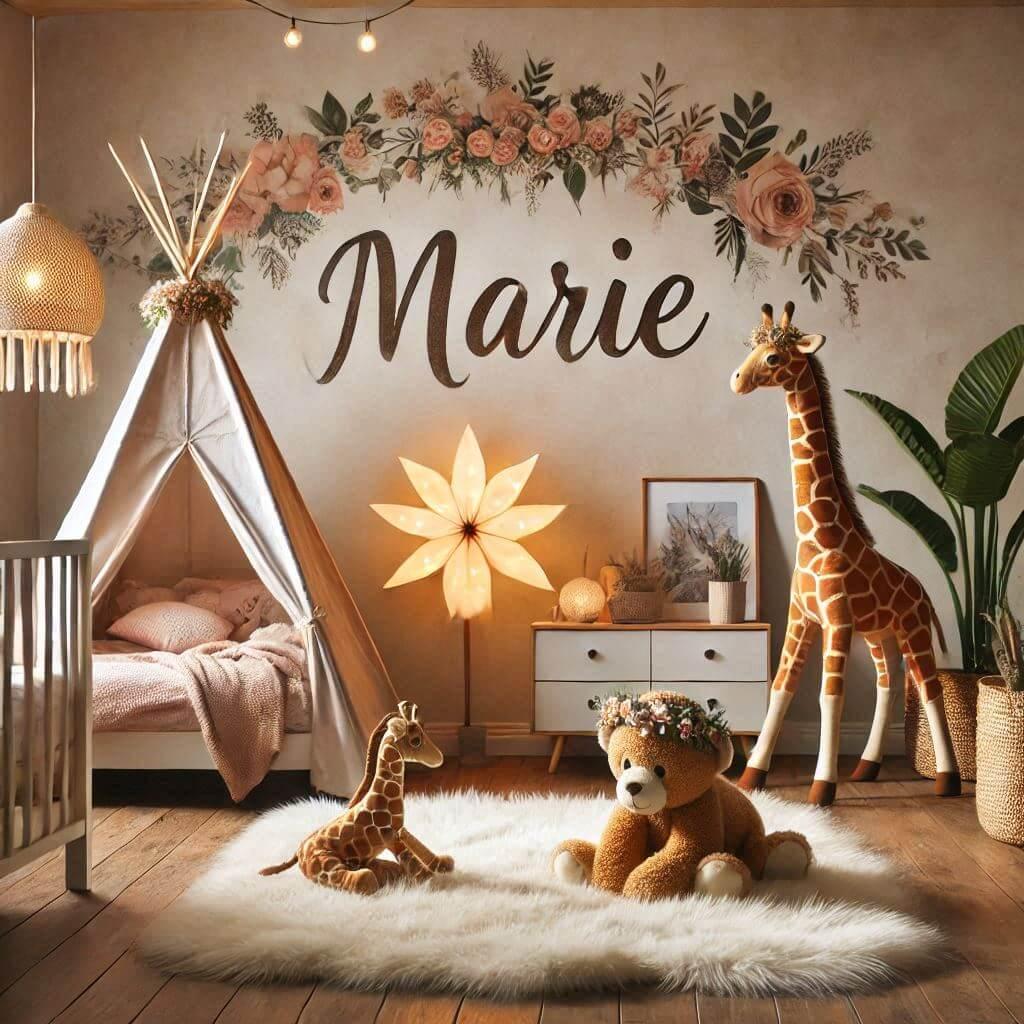 Une chambre de bebe fille avec le prenom ecrit marie