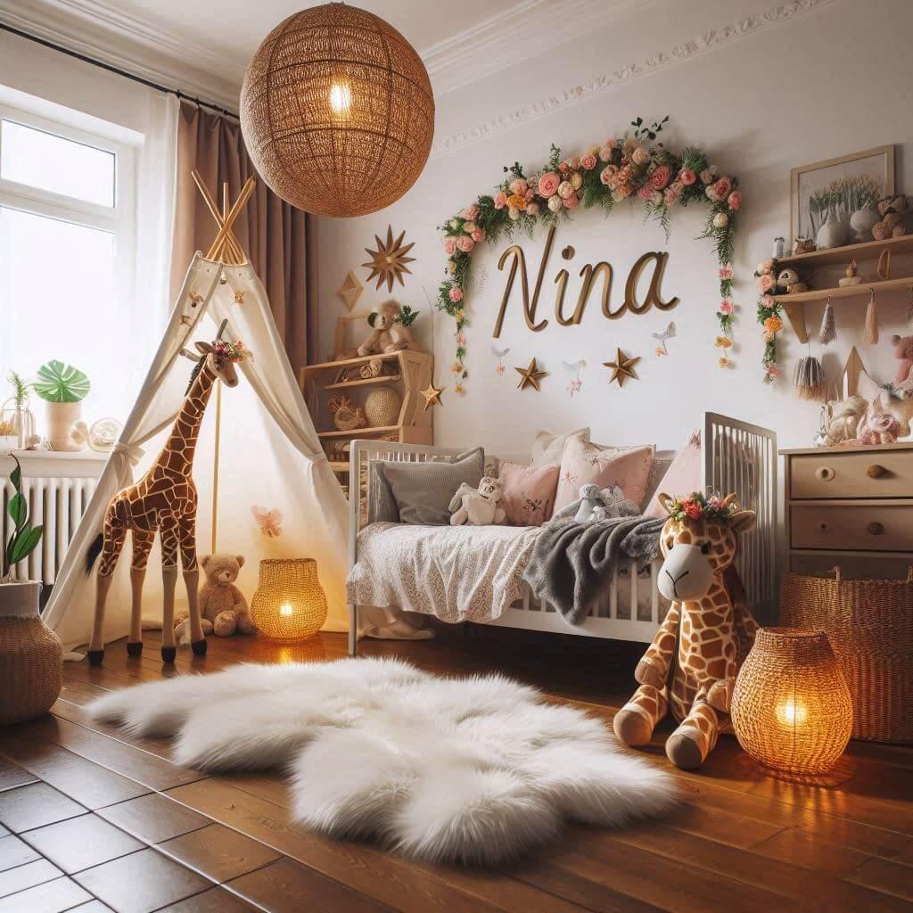 Une chambre de bebe fille avec le prenom ecrit nina avec des fleurs sur le mur un theme jungle avec lit et un tipi un tapis en fourrure une peluche girafe et une peluche elephant a