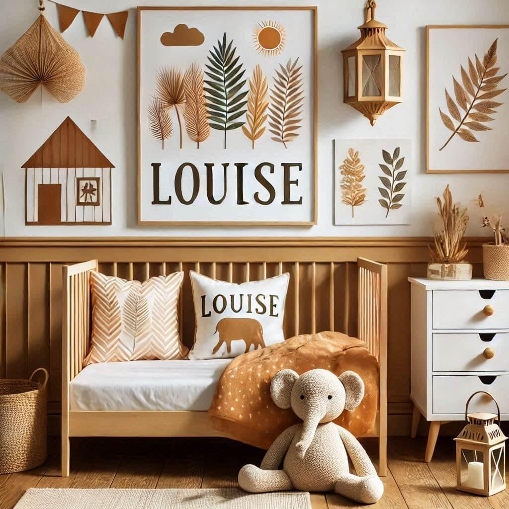 Une chambre de bebe fille avec le prenom louise sur une affiche theme savane couleur marron clair orange pale jaune lierre coussin personnalise avec le prenom louise lit cabane ave