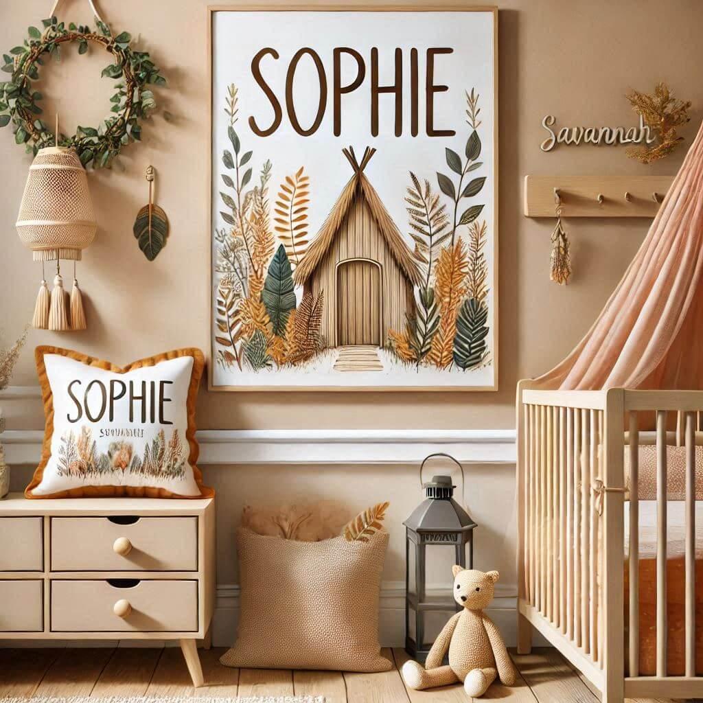 Une chambre de bebe fille avec le prenom sophie sur une affiche theme savane couleur marron clair orange pale jaune lierre coussin personnalise avec le prenom sophie lit cabane ave