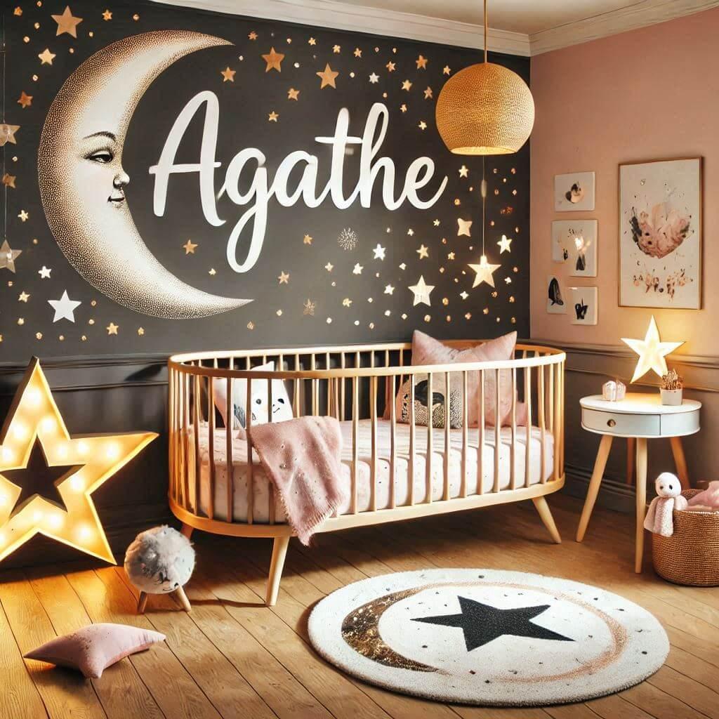 Une chambre de bebe fille personnalisee au prenom de agathe theme nuit etoilee coussin etoile coussin lune tapis etoile lit rond lampe etoile allumee