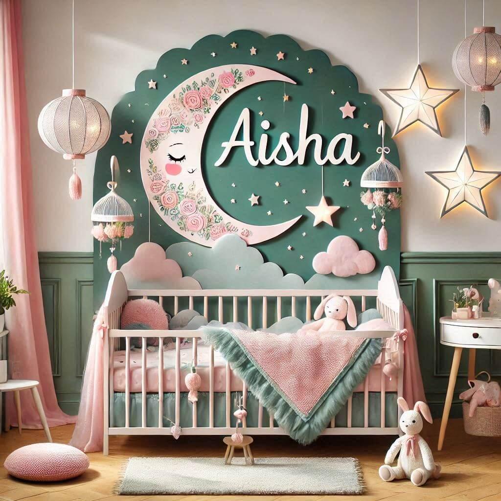 Une chambre de bebe fille personnalisee au prenom de aisha theme conte et legende couleur vert d eau et rose pale lierre coussin etoile coussin lune tapis etoile lit rond photo rea