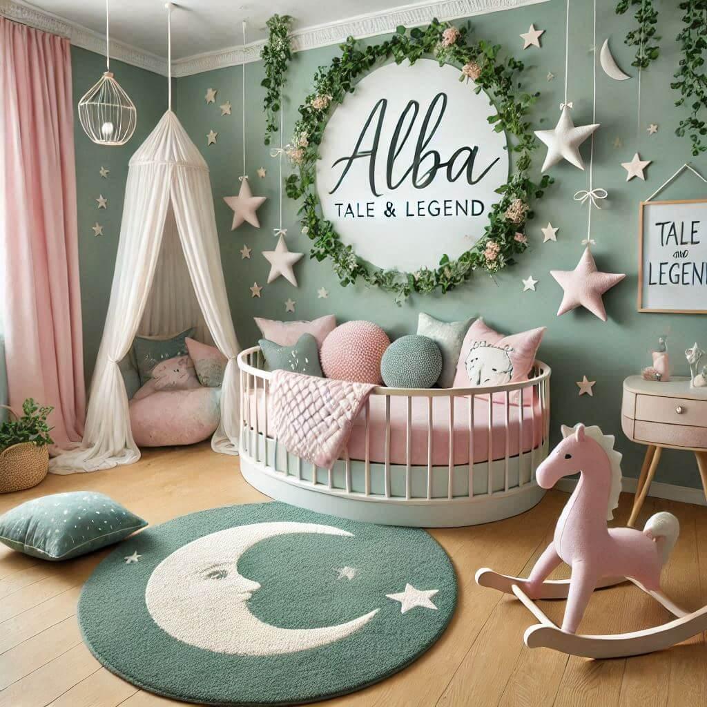 Une chambre de bebe fille personnalisee au prenom de alba theme conte et legende couleur vert d eau et rose pale lierre coussin etoile coussin lune tapis etoile lit rond