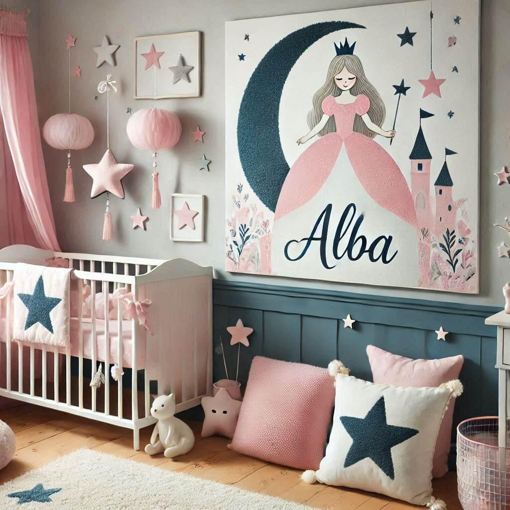 Une chambre de bebe fille personnalisee au prenom de alba theme princesse couleur rose pale bleu nuit coussin etoile coussin lune tapis etoile 1