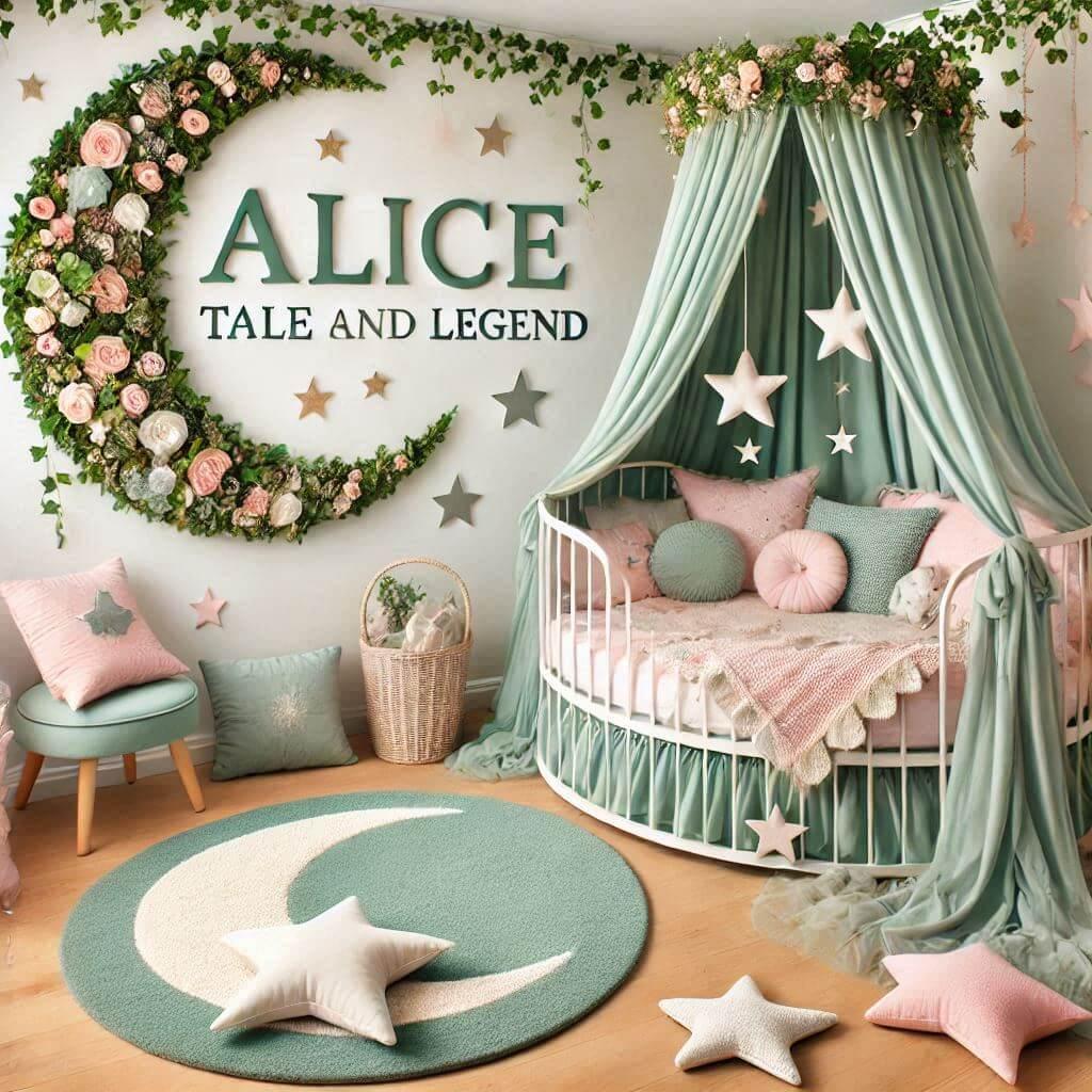 Une chambre de bebe fille personnalisee au prenom de alice theme conte et legende couleur vert d eau et rose pale lierre coussin etoile coussin lune tapis etoile lit rond photo rea