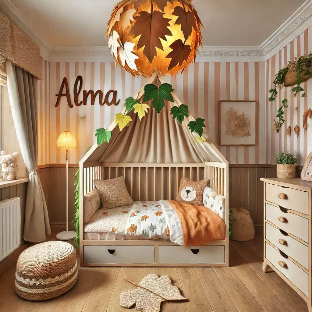 Une chambre de bebe fille personnalisee au prenom de alma theme savane couleur marron clair orange pale jaune lierre coussin lit cabane avec tiroirs feuille lampion