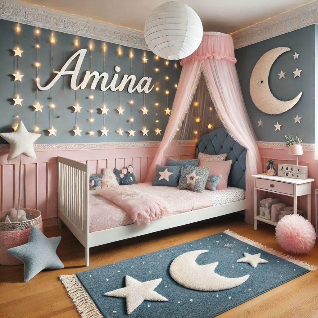 belle chambre bebe fille theme princesse nuit etoilee, prenom Amina