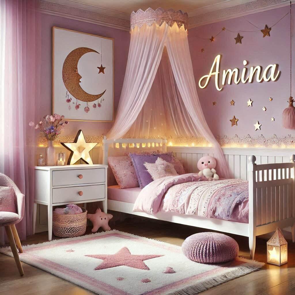 Une chambre de bebe fille personnalisee au prenom de amina theme princesse oriental couleur rose pale violet coussin etoile coussin lune tapis etoile ciel de lit