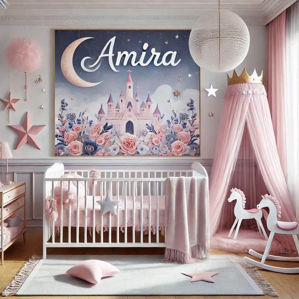 Une chambre de bebe fille personnalisee au prenom de amira theme princesse couleur rose pale bleu nuit coussin etoile coussin lune tapis etoile amira 1