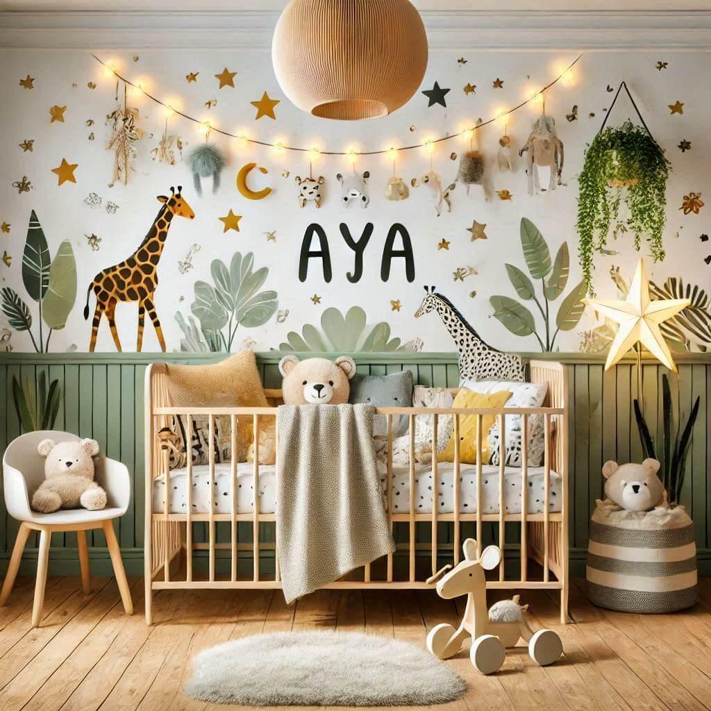 Une chambre de bebe fille personnalisee au prenom de aya ecrit en francais theme safari couleur vert pale jaune nuit coussin zebre coussin lune tapis etoile ciel de lit guirlande l