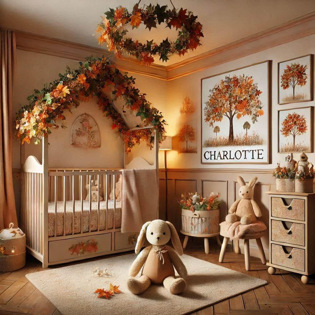 Une chambre de bebe fille personnalisee au prenom de charlotte theme automnal couleur marron clair orange pale terracota jaune lierre coussin lit cabane avec tiroirs feuille avec u