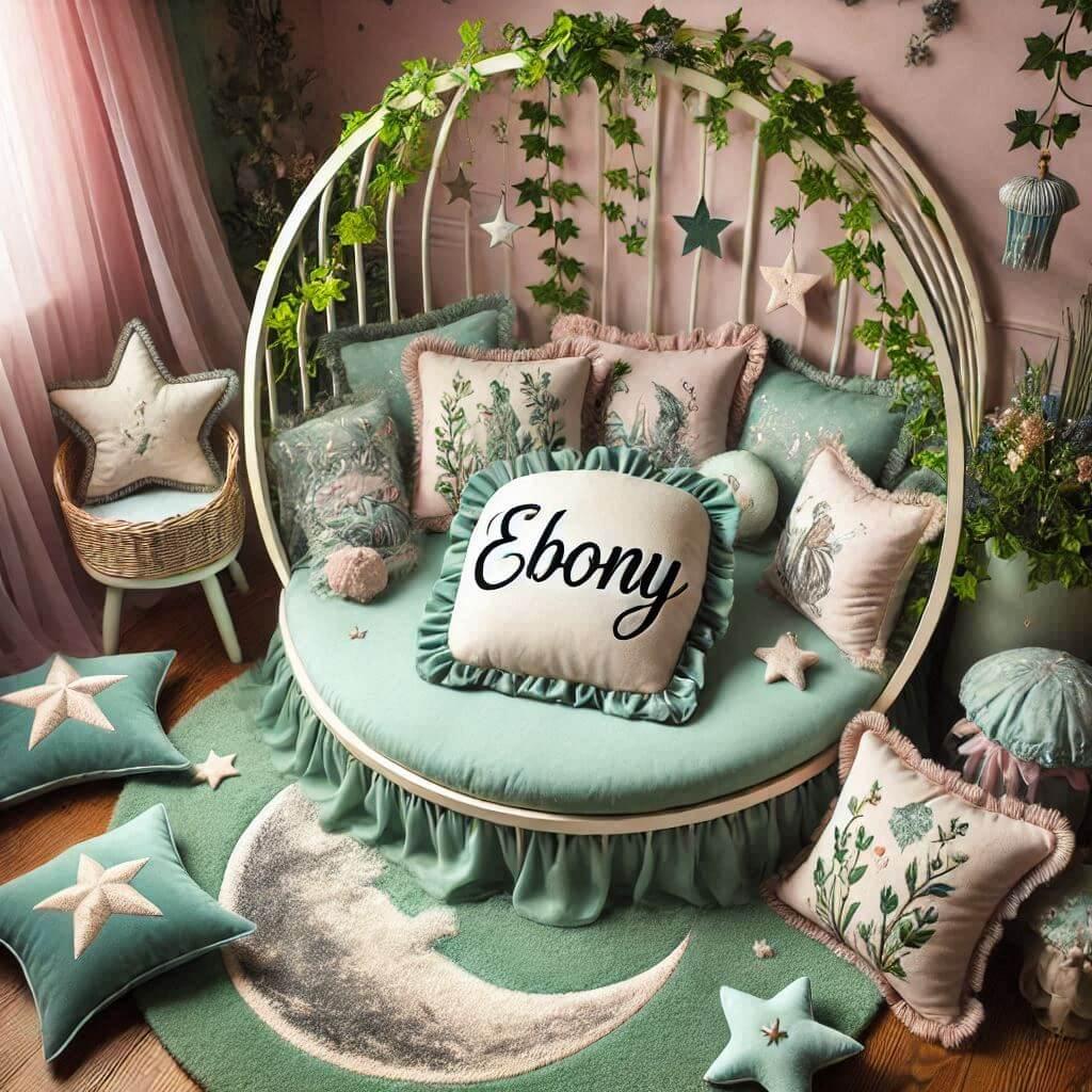 Une chambre de bebe fille personnalisee au prenom de ebony sur le coussin theme conte et legende couleur vert d eau et rose pale lierre coussin etoile coussin lune tapis etoile lit