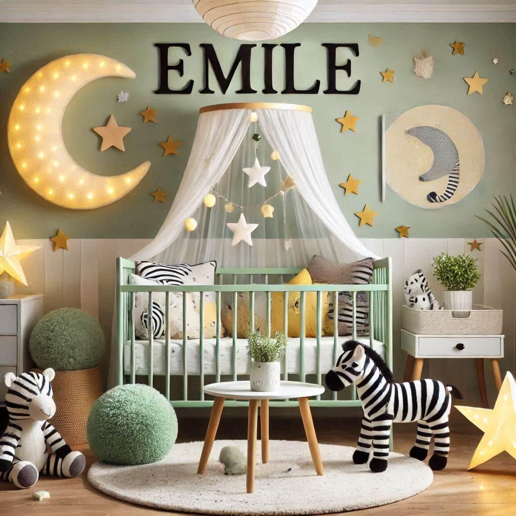 Une chambre de bebe garcon personnalisee au prenom de emile theme safari couleur vert pale jaune nuit coussin zebre coussin lune tapis etoile