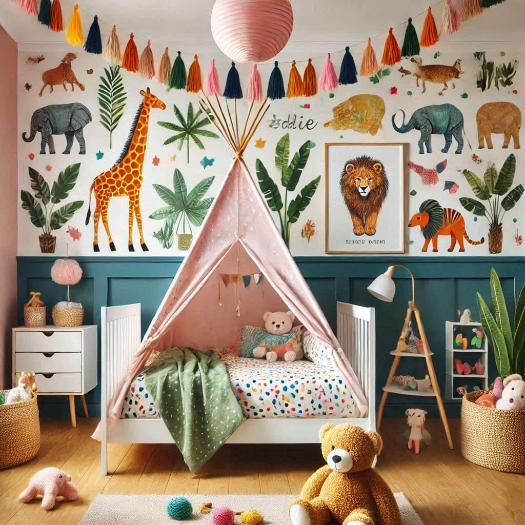 Une chambre de bebe fille personnalisee au prenom de emma theme jungle avec lit tipi