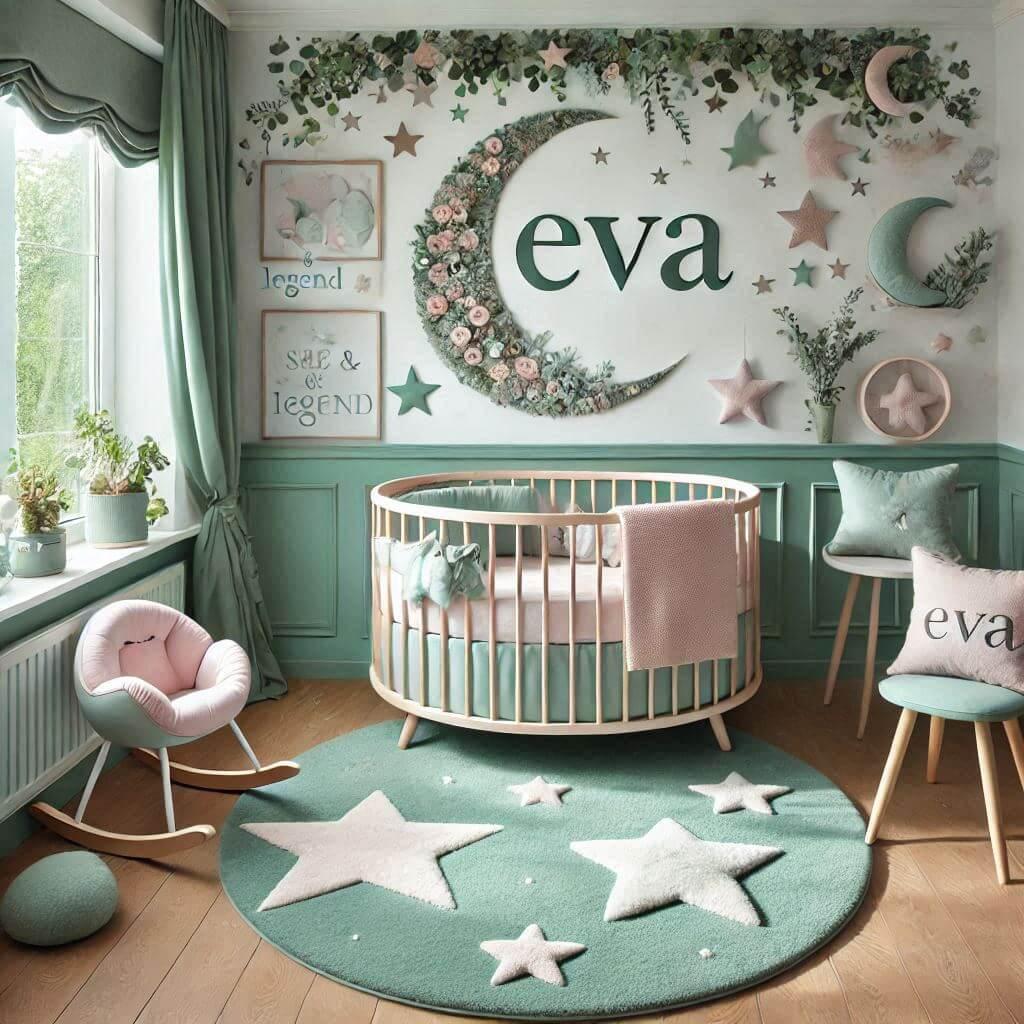 Une chambre de bebe fille personnalisee au prenom de eva theme conte et legende couleur vert d eau et rose pale lierre coussin etoile coussin lune tapis etoile lit rond