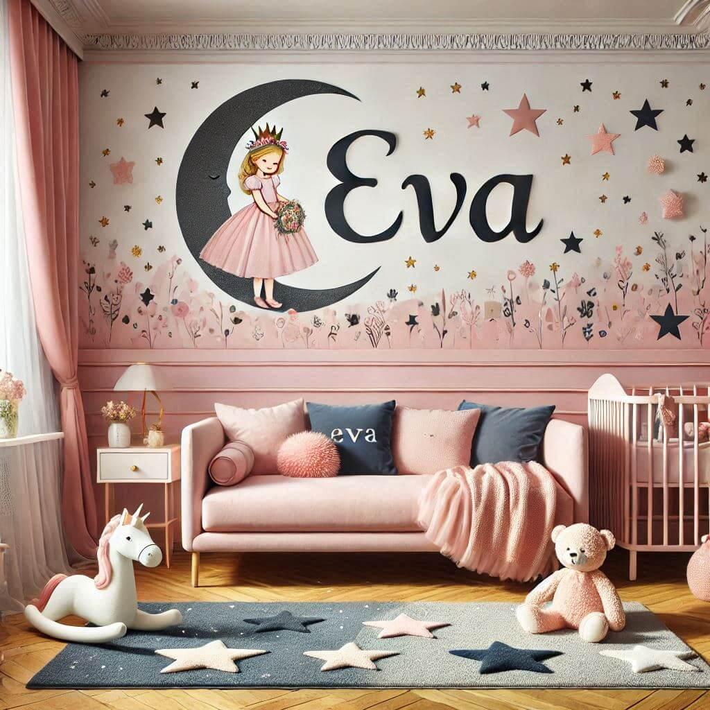 Une chambre de bebe fille personnalisee au prenom de eva theme princesse couleur rose pale bleu nuit coussin etoile coussin lune tapis etoile