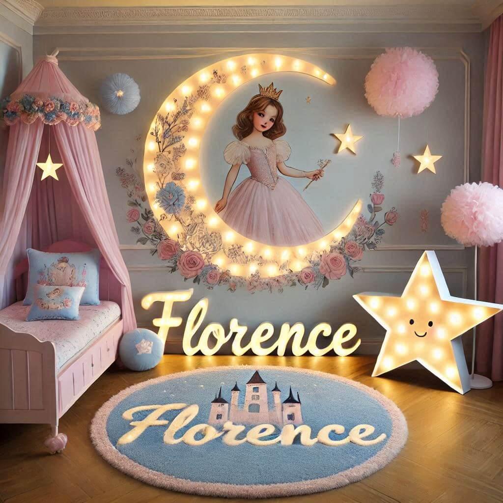 Une chambre de bebe fille personnalisee au prenom de florence theme princesse couleur rose pale bleu nuit coussin etoile coussin lune tapis etoile lampe allumee vue de loin