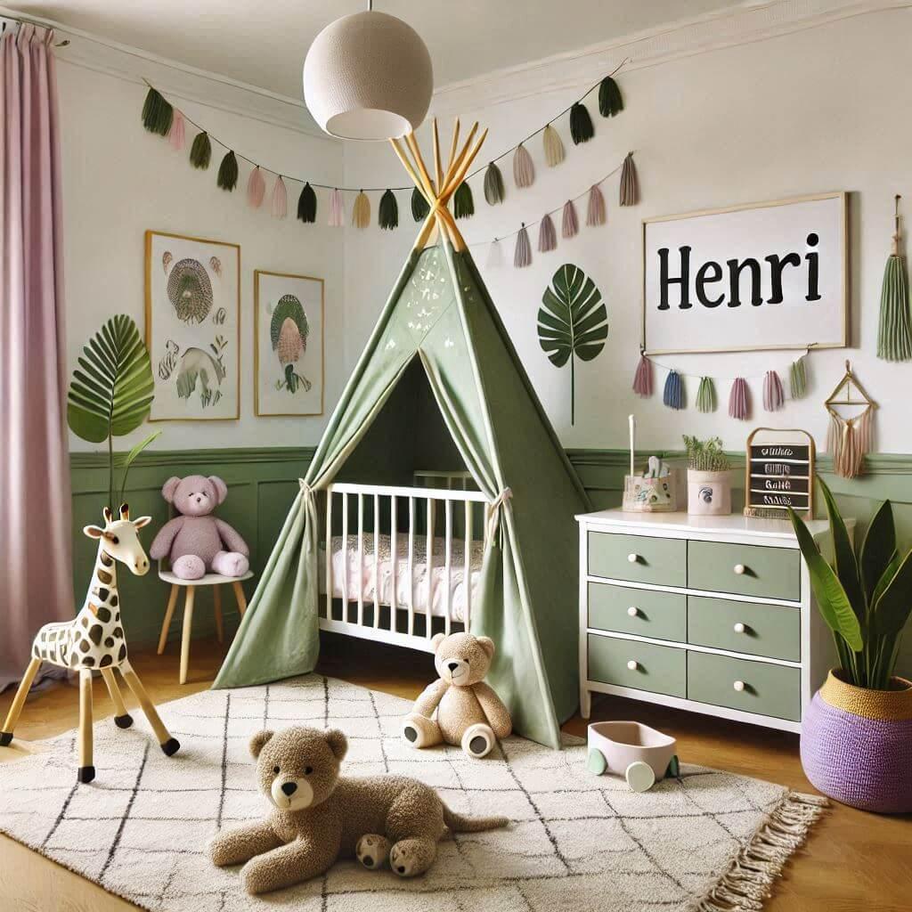 Une chambre de bebe garcon personnalisee au prenom de henri theme jungle avec lit tipi couleur vert bouteille et violet pastel