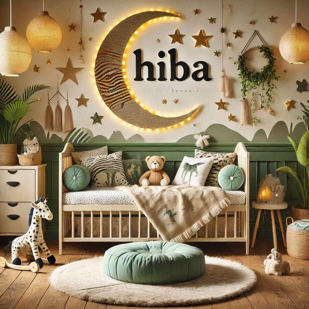 Une chambre de bebe fille personnalisee au prenom de hiba ecrit en francais theme safari couleur vert pale jaune nuit coussin zebre coussin lune tapis etoile ciel de lit guirlande