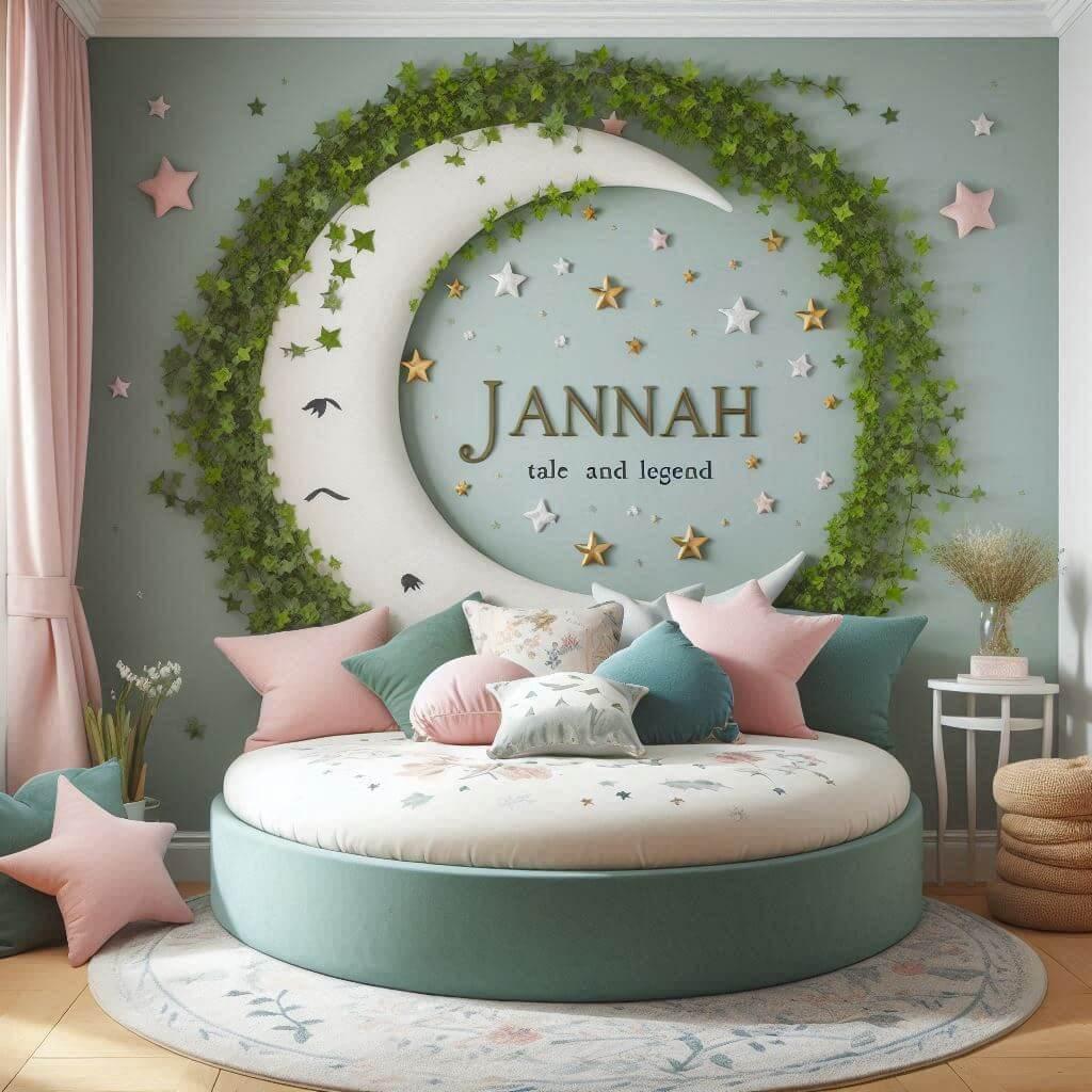 Une chambre de bebe fille personnalisee au prenom de jannah theme conte et legende couleur vert d eau et rose pale lierre coussin etoile coussin lune tapis etoile lit rond