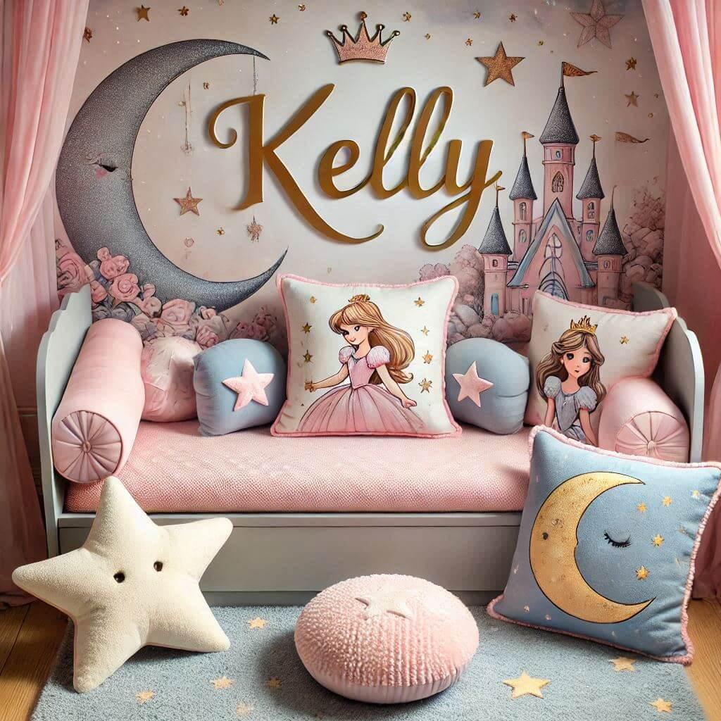 Une chambre de bebe fille personnalisee au prenom de kelly theme princesse couleur rose pale bleu nuit coussin etoile coussin lune tapis etoile 1