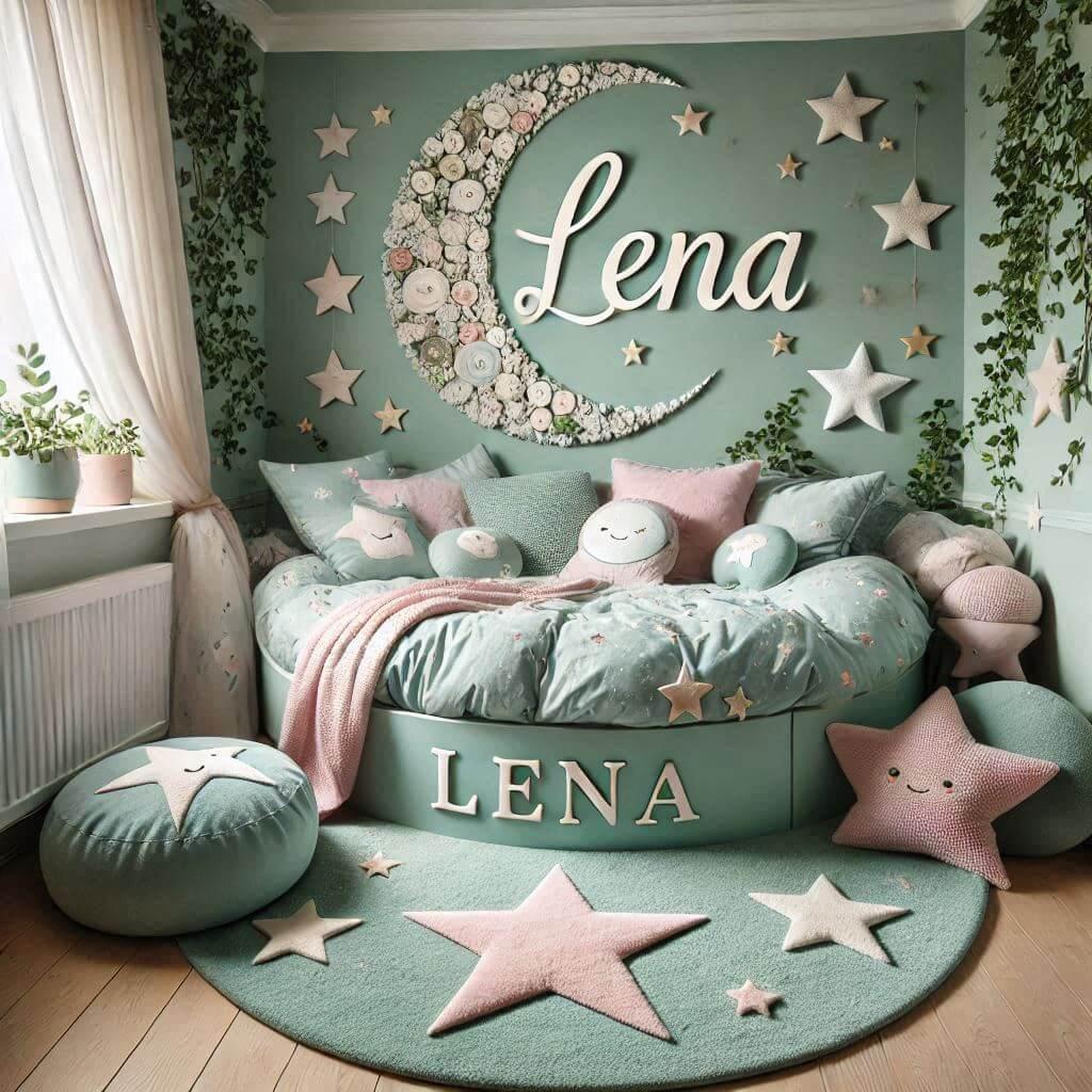 Une chambre de bebe fille personnalisee au prenom de lena theme conte et legende couleur vert d eau et rose pale lierre coussin etoile coussin lune tapis etoile lit rond angle de v