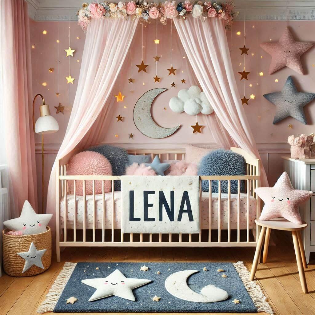 Une chambre de bebe fille personnalisee au prenom de lena theme etoiles et nuage couleur rose pale bleu nuit coussin etoile coussin lune tapis etoile ciel de lit