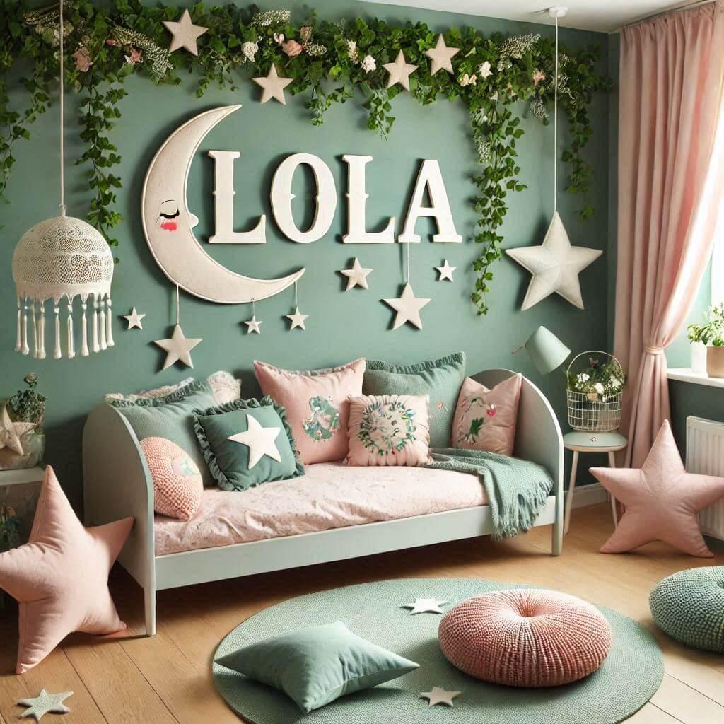 Une chambre de bebe fille personnalisee au prenom de lola theme conte et legende couleur vert d eau et rose pale lierre coussin etoile coussin lune tapis etoile lit rond