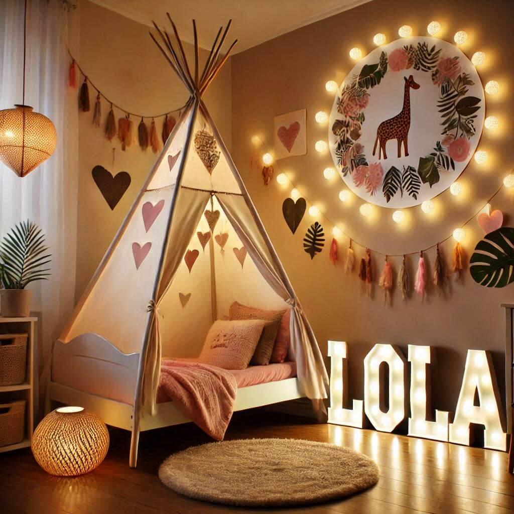 Une chambre de bebe fille personnalisee au prenom de lola theme jungle avec lit tipi lampe coeur allumee lumiere traversante