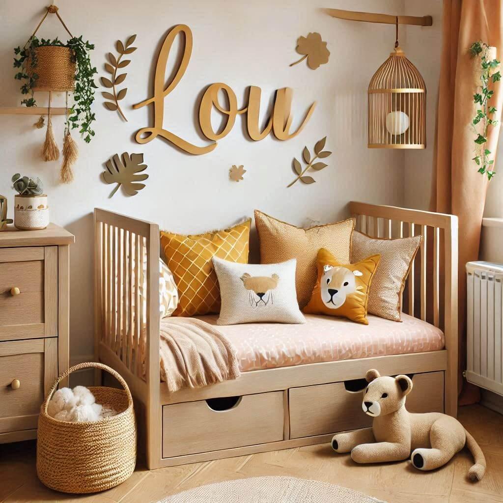 Une chambre de bebe fille personnalisee au prenom de lou sur le theme de la savane avec des couleurs marron clair orange pale jaune lierre coussin lit cabane avec tiroirs feuille l