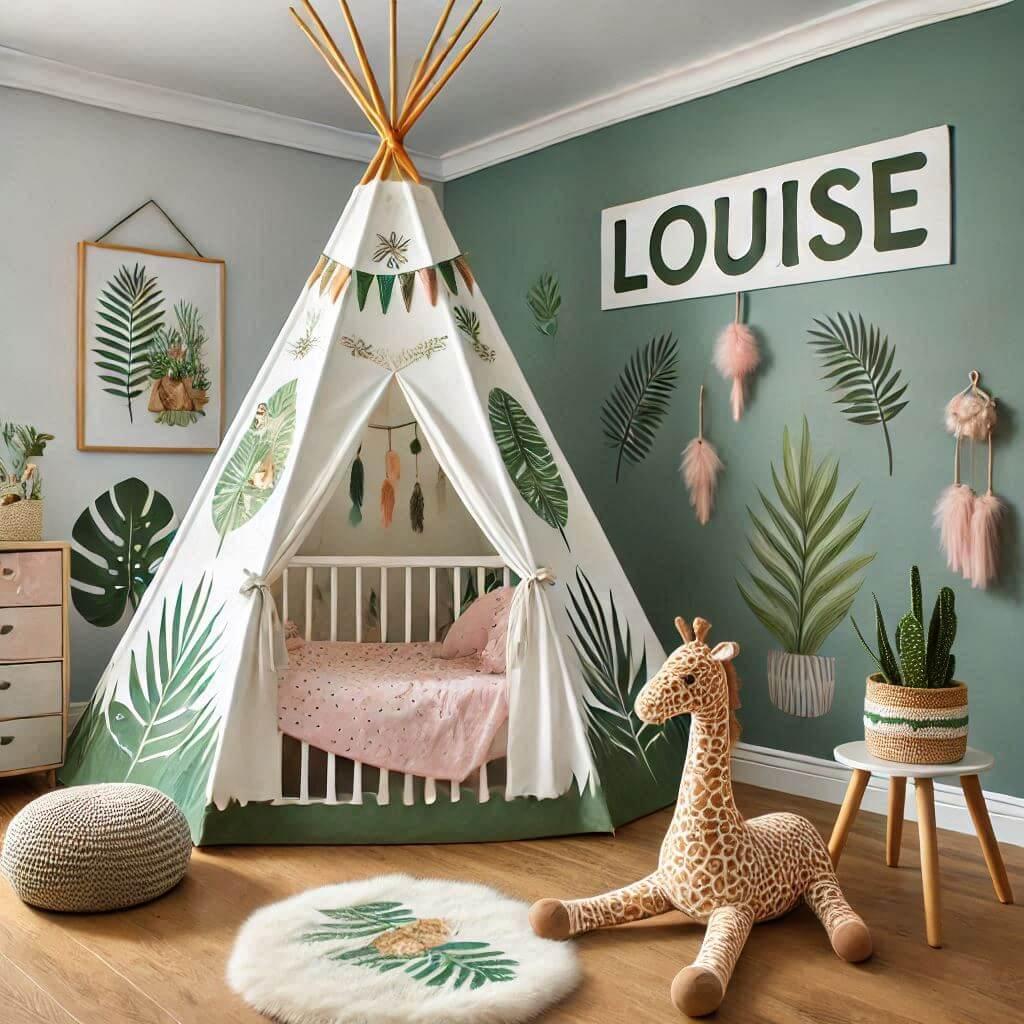 Une chambre de bebe fille personnalisee au prenom de louise theme jungle avec lit tipi 1