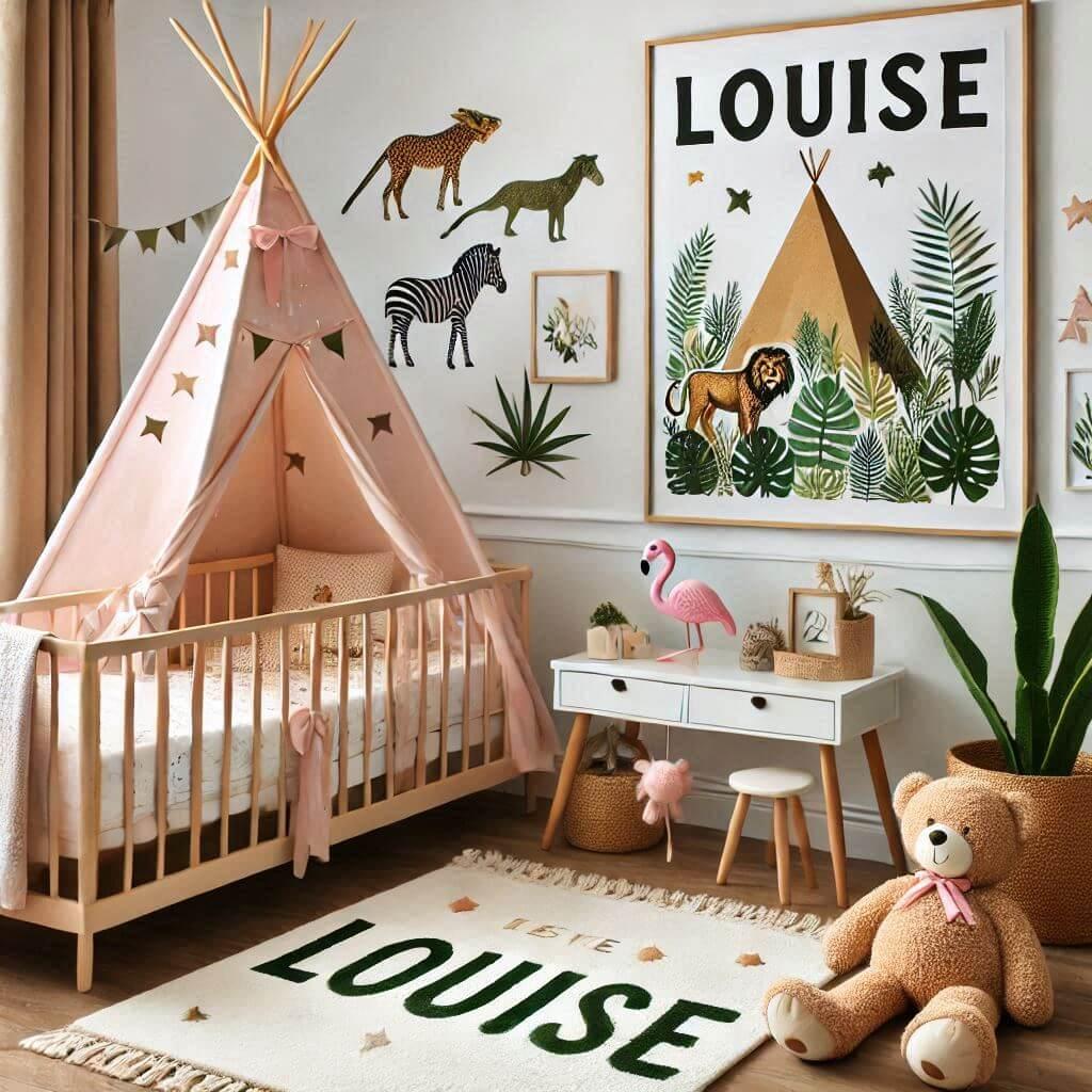 Une chambre de bebe fille personnalisee au prenom de louise theme jungle avec lit tipi