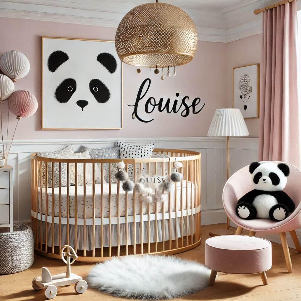 Une chambre de bebe fille personnalisee au prenom de louise theme panda avec lit rond chaise elegante coussin panda 1