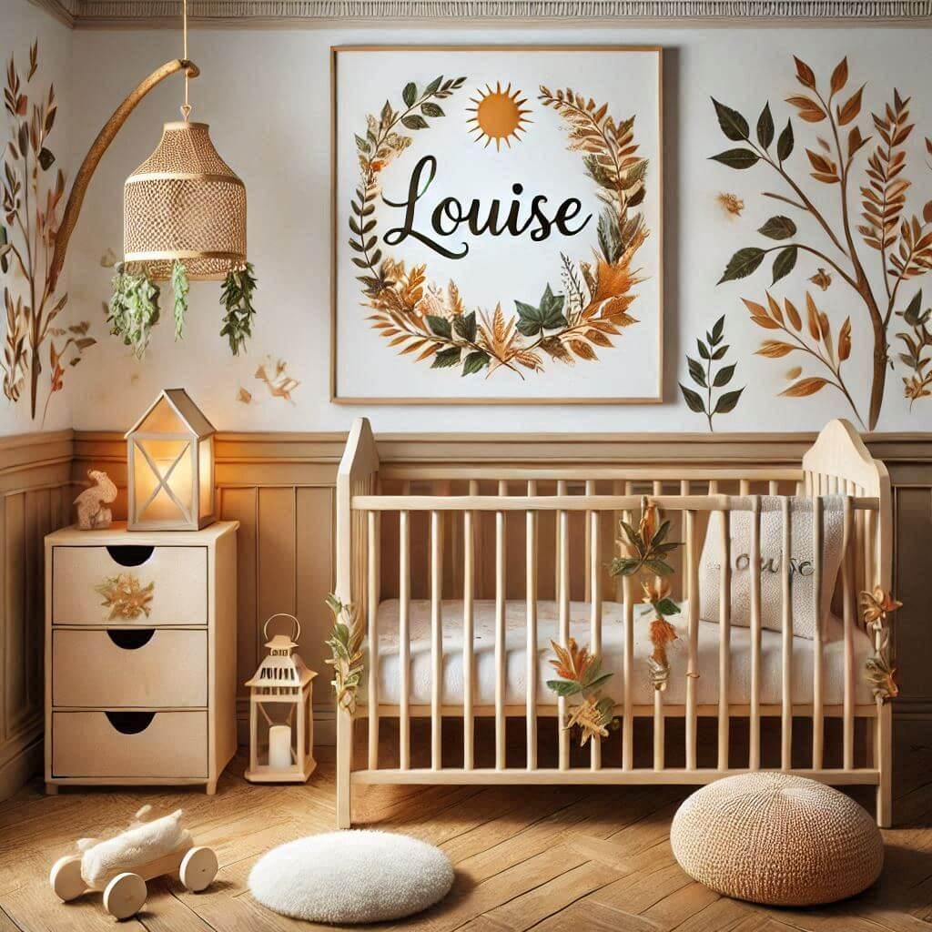 Une chambre de bebe fille personnalisee au prenom de louise theme savane couleur marron clair orange pale jaune lierre coussin lit cabane avec tiroirs feuille lampion 1