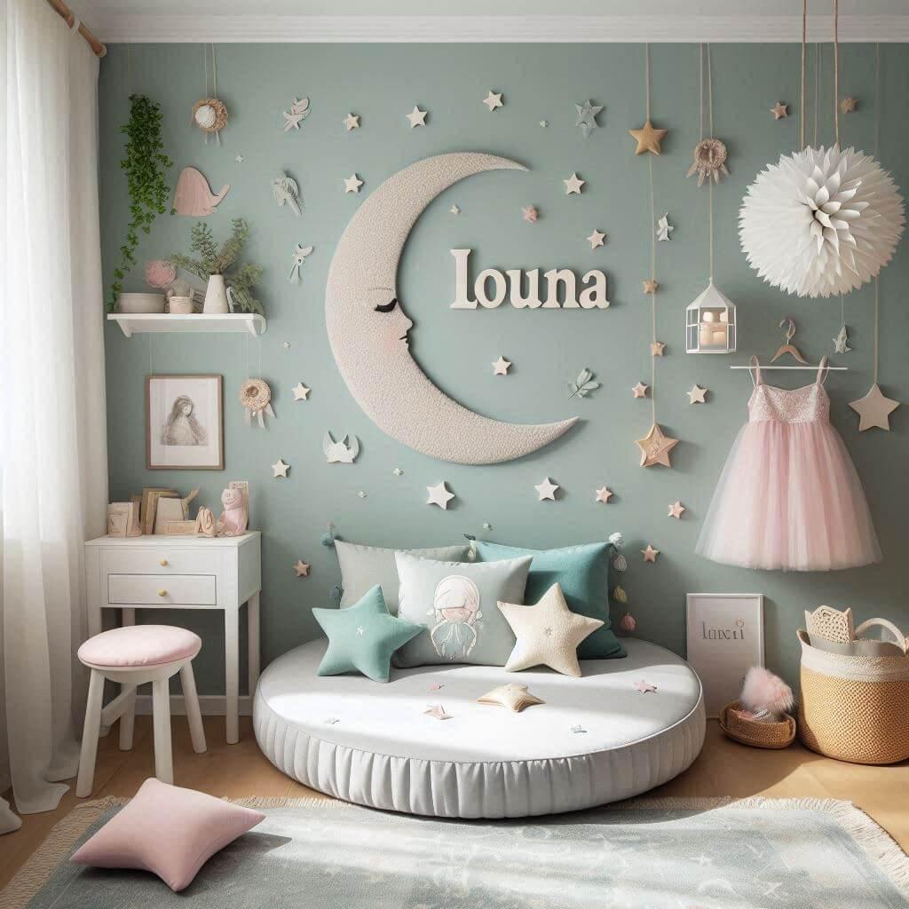 Une chambre de bebe fille personnalisee au prenom de louna conte et legende couleur vert d eau et rose pale lierre coussin etoile coussin lune tapis etoile lit rond